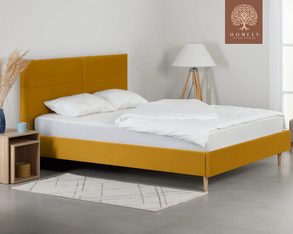 MAYTON | LIT DOUBLE EN TISSU ANTI-TACHES CAPITONNÉ AVEC SOMMIER COFFRE