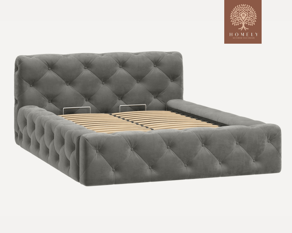 FIORI | LIT DOUBLE EN TISSU ANTI-TACHES CAPITONNÉ AVEC SOMMIER COFFRE