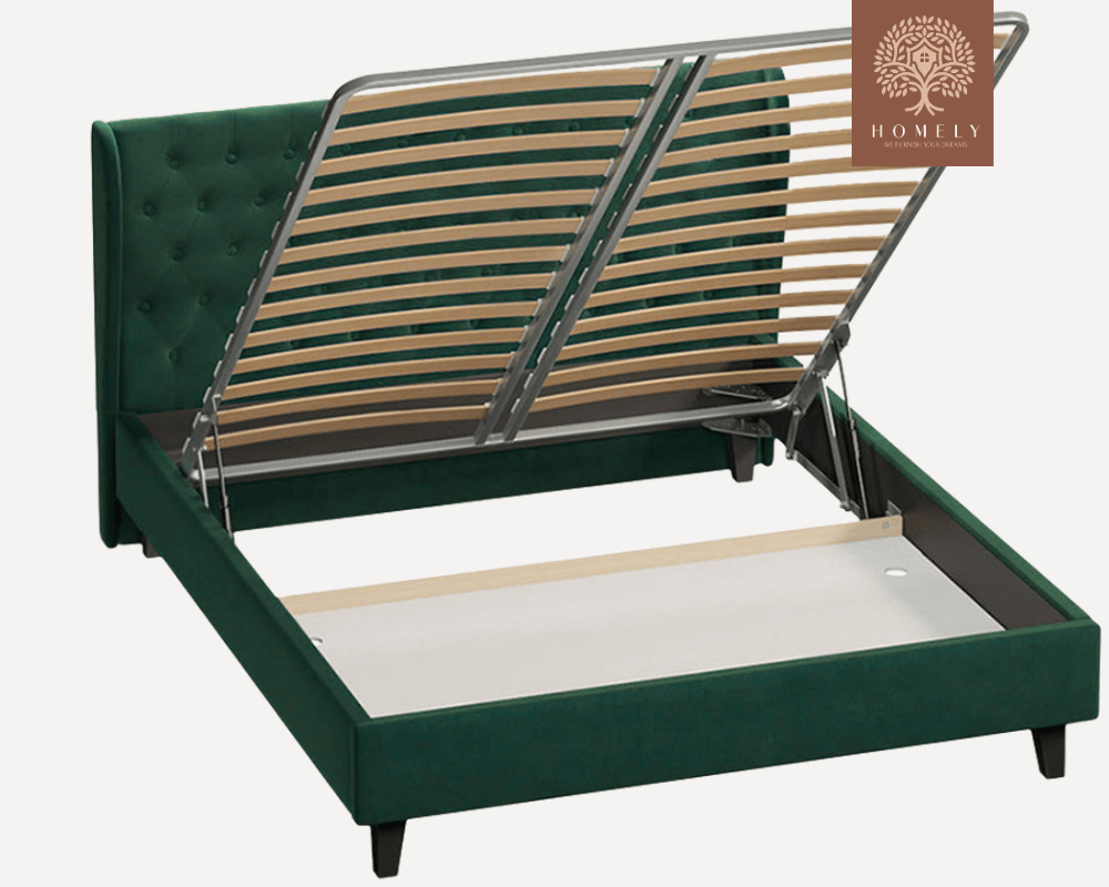 VIENNOIS | LIT DOUBLE EN TISSU ANTI-TACHES CAPITONNÉ AVEC SOMMIER COFFRE