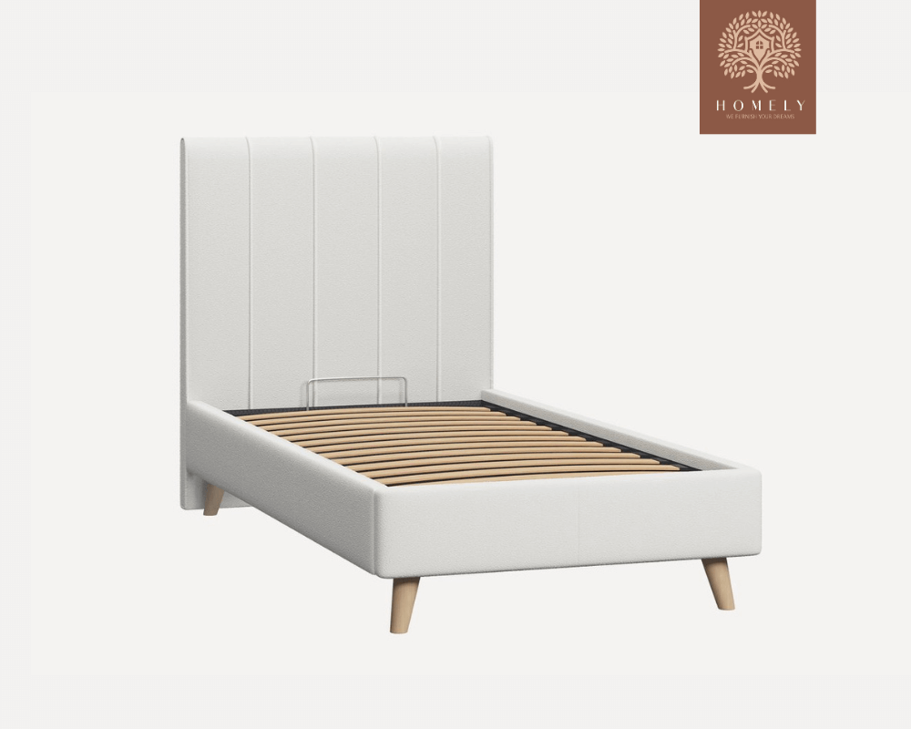 SHARON | LIT EN TISSU ANTI-TACHES CAPITONNÉ AVEC SOMMIER COFFRE