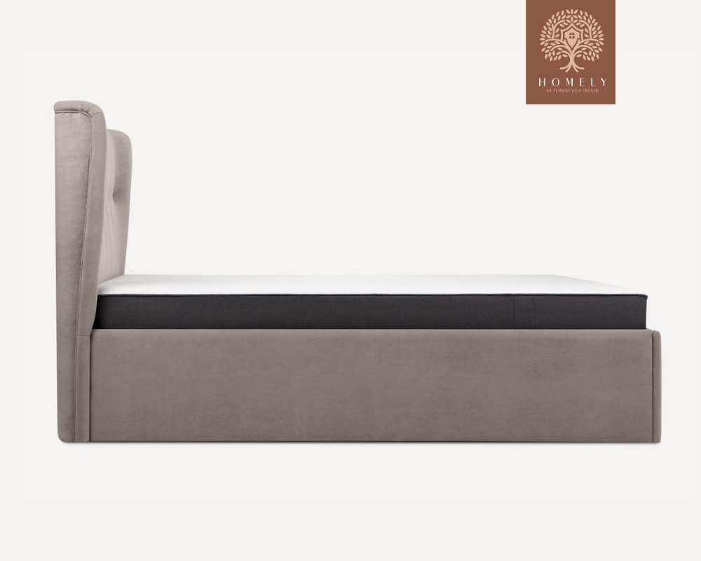 LORNE | LIT DOUBLE EN TISSU ANTI-TACHES CAPITONNÉ AVEC SOMMIER COFFRE