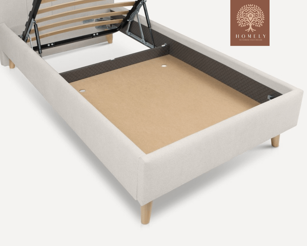 SHARON | LIT EN TISSU ANTI-TACHES CAPITONNÉ AVEC SOMMIER COFFRE