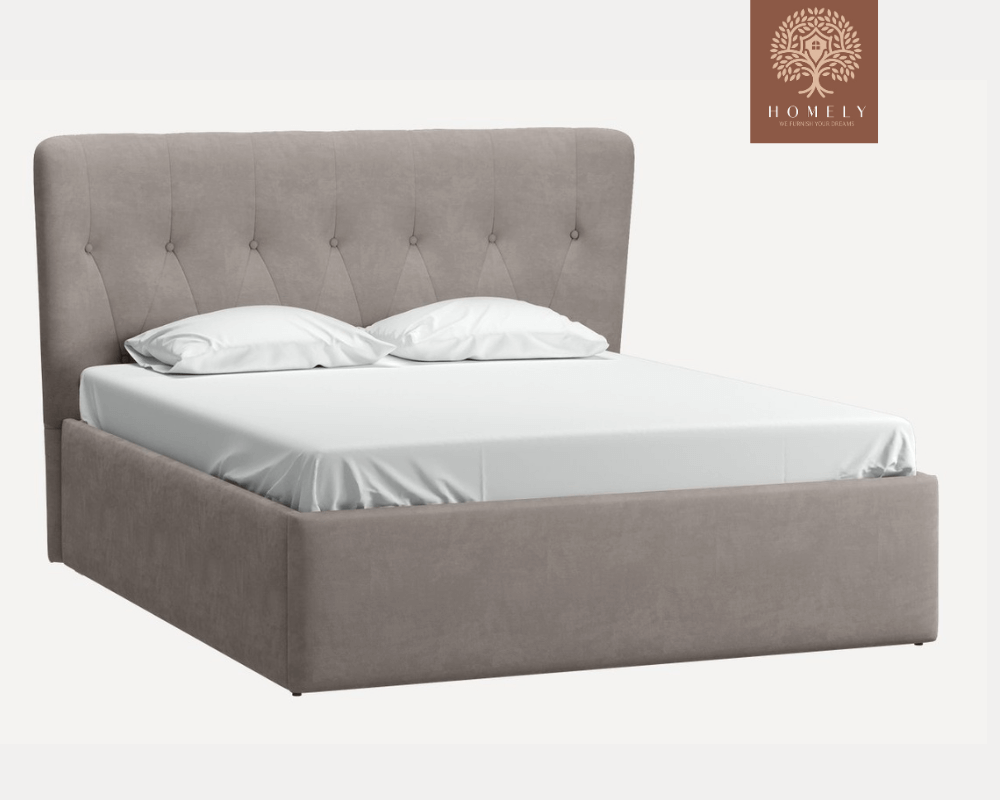 LORNE | LIT DOUBLE EN TISSU ANTI-TACHES CAPITONNÉ AVEC SOMMIER COFFRE