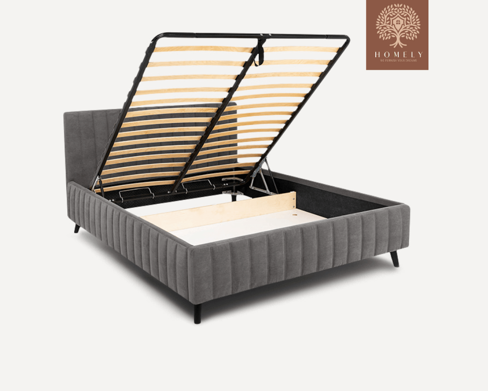 MARKFUL | LIT DOUBLE EN TISSU ANTI-TACHES CAPITONNÉ AVEC SOMMIER COFFRE