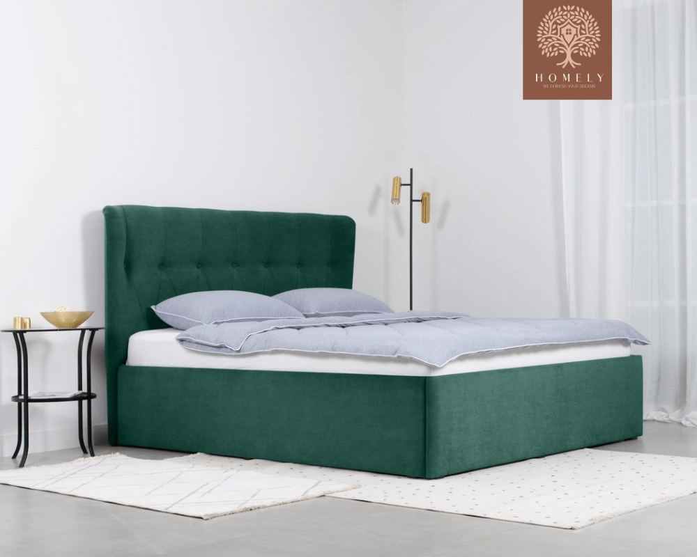 LORNE | LIT DOUBLE EN TISSU ANTI-TACHES CAPITONNÉ AVEC SOMMIER COFFRE