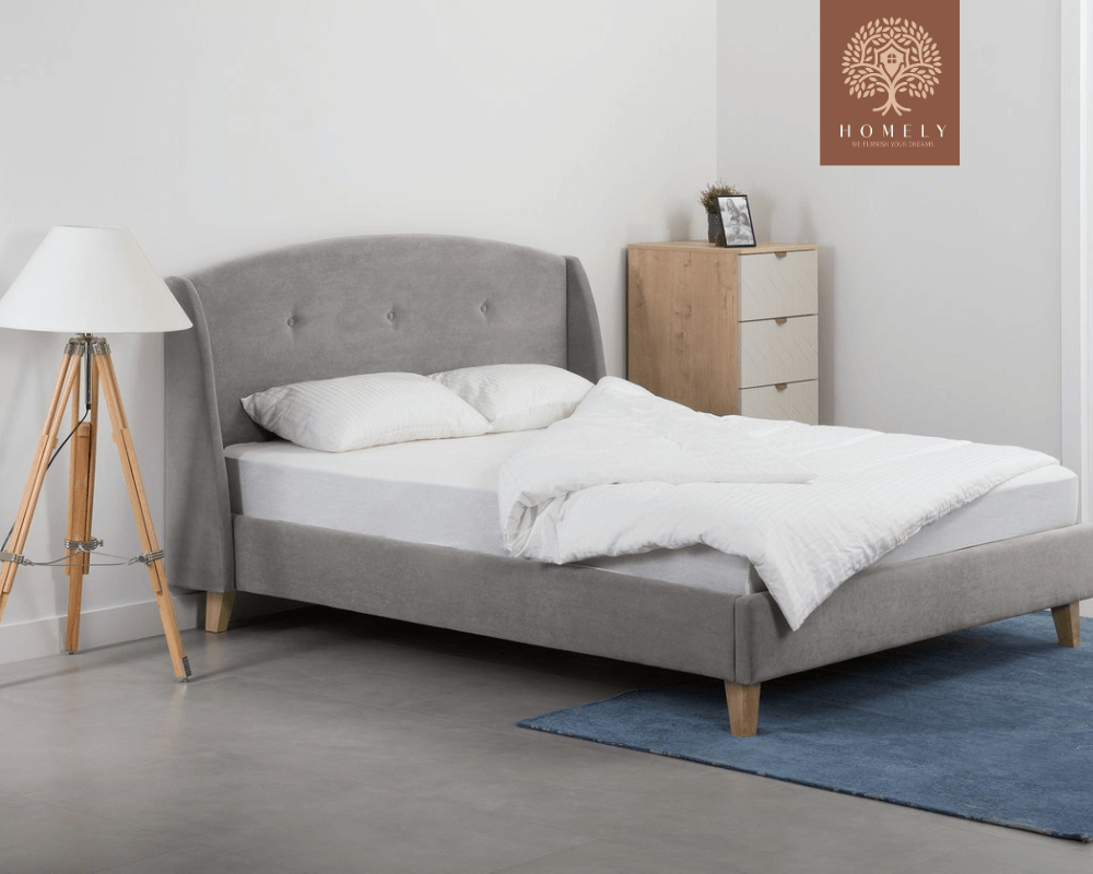 TAYLORY | LIT DOUBLE EN TISSU ANTI-TACHES CAPITONNÉ AVEC SOMMIER COFFRE