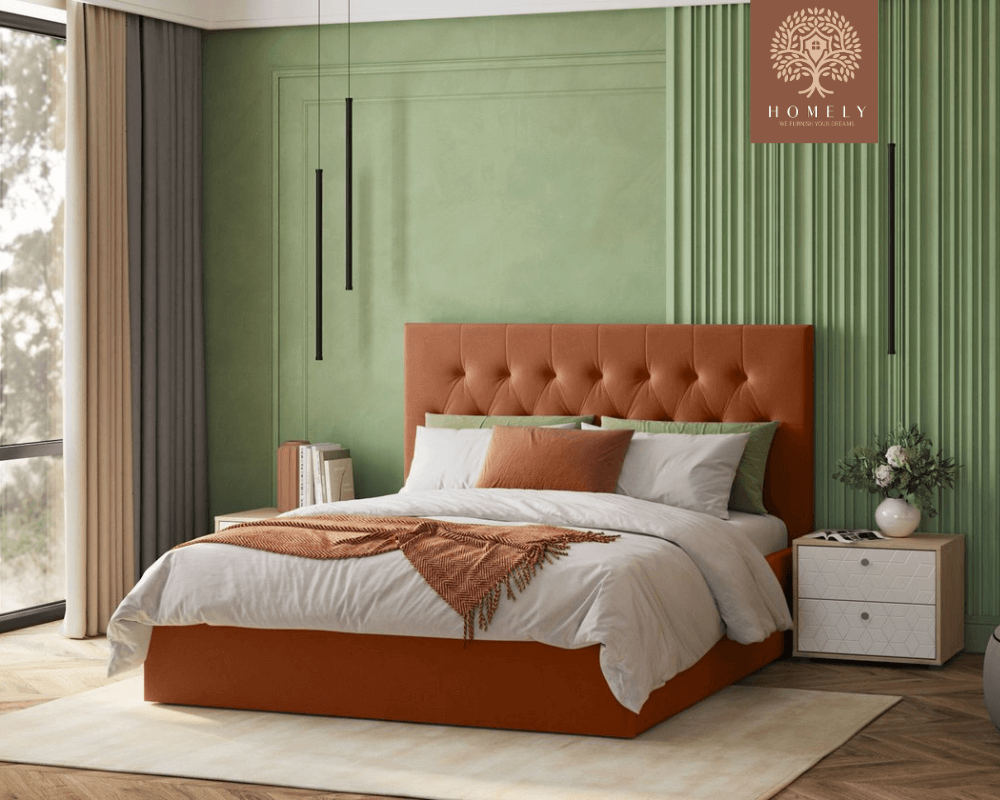 RAVERTY | LIT DOUBLE EN TISSU ANTI-TACHES CAPITONNÉ AVEC SOMMIER COFFRE