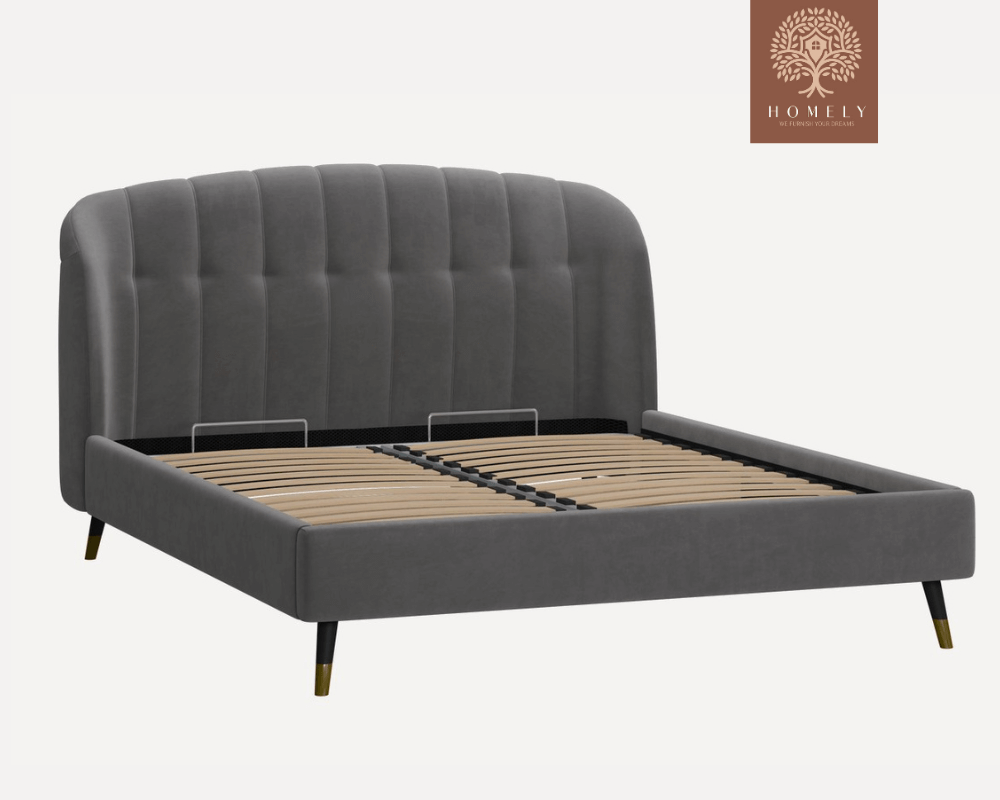 LIERI | LIT DOUBLE EN TISSU ANTI-TACHES CAPITONNÉ AVEC SOMMIER COFFRE