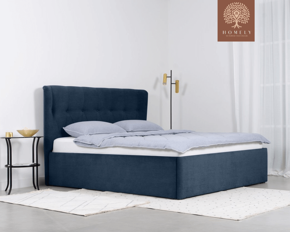 LORNE | LIT DOUBLE EN TISSU ANTI-TACHES CAPITONNÉ AVEC SOMMIER COFFRE