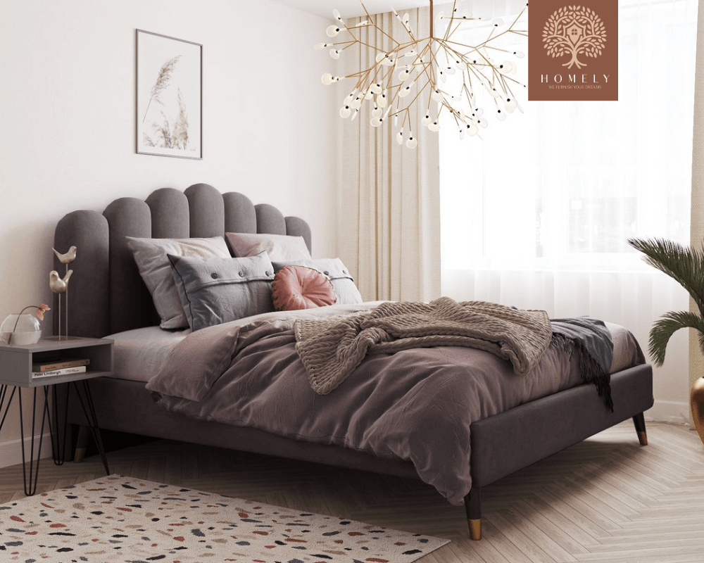 LIEL | LIT DOUBLE EN TISSU ANTI-TACHES CAPITONNÉ AVEC SOMMIER COFFRE