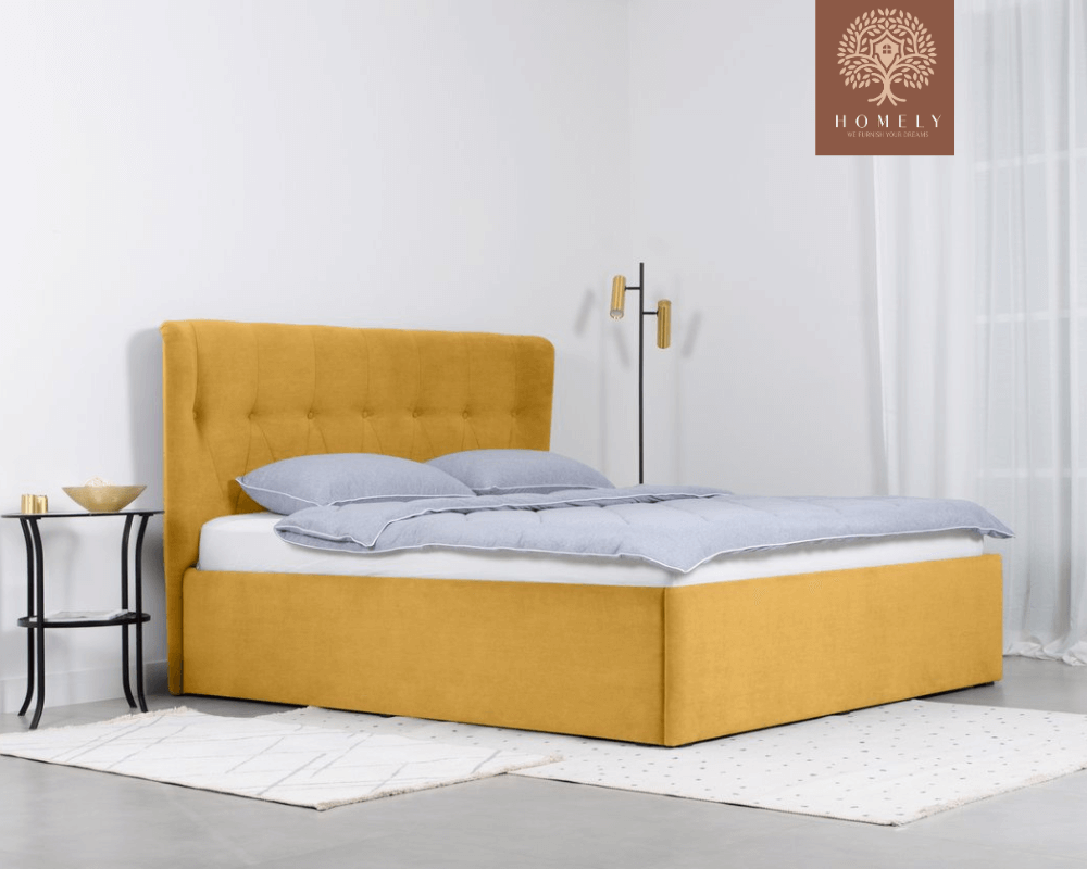 LORNE | LIT DOUBLE EN TISSU ANTI-TACHES CAPITONNÉ AVEC SOMMIER COFFRE