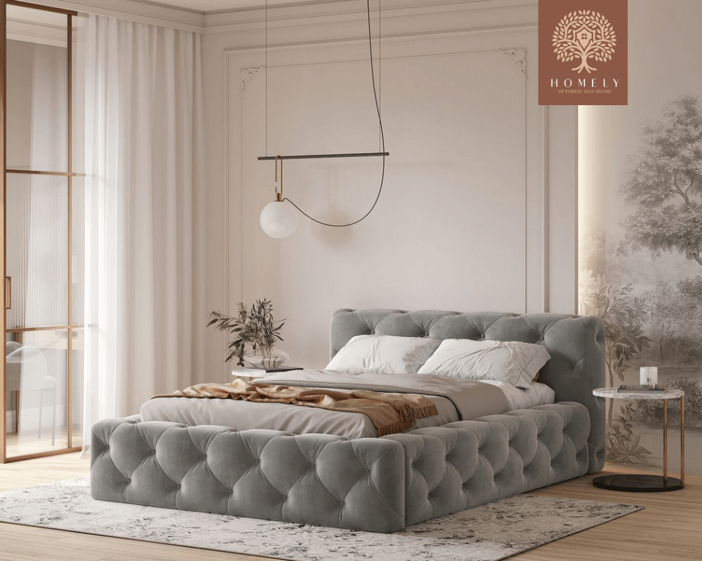 FIORI | LIT DOUBLE EN TISSU ANTI-TACHES CAPITONNÉ AVEC SOMMIER COFFRE