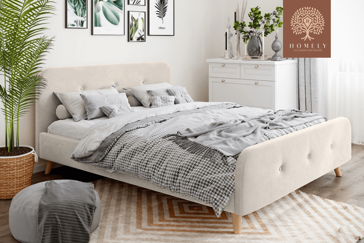 PLIDI | LIT DOUBLE EN TISSU ANTI-TACHES CAPITONNÉ AVEC SOMMIER COFFRE