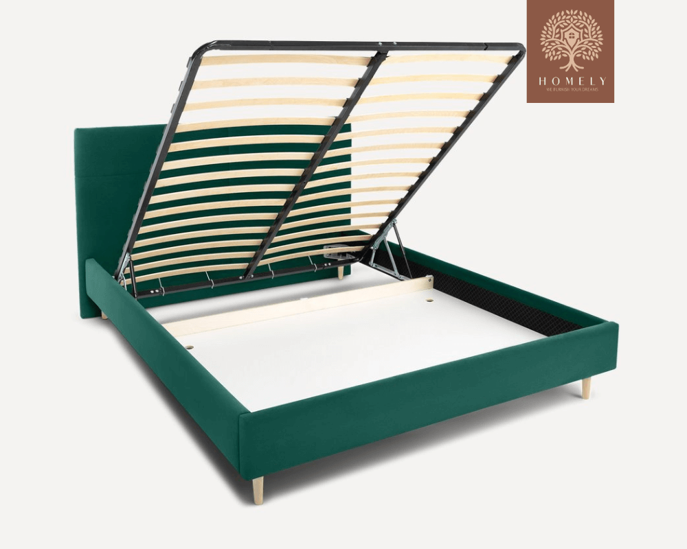 MAYTON | LIT DOUBLE EN TISSU ANTI-TACHES CAPITONNÉ AVEC SOMMIER COFFRE