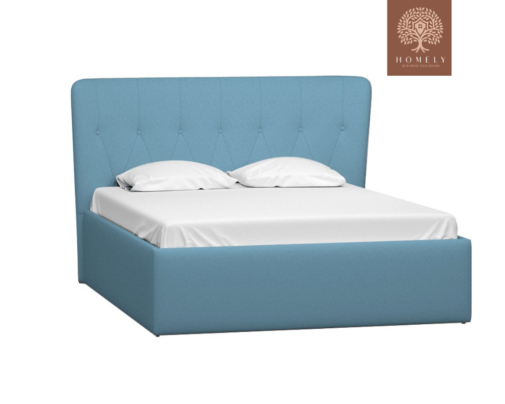 LORNE | LIT DOUBLE EN TISSU ANTI-TACHES CAPITONNÉ AVEC SOMMIER COFFRE