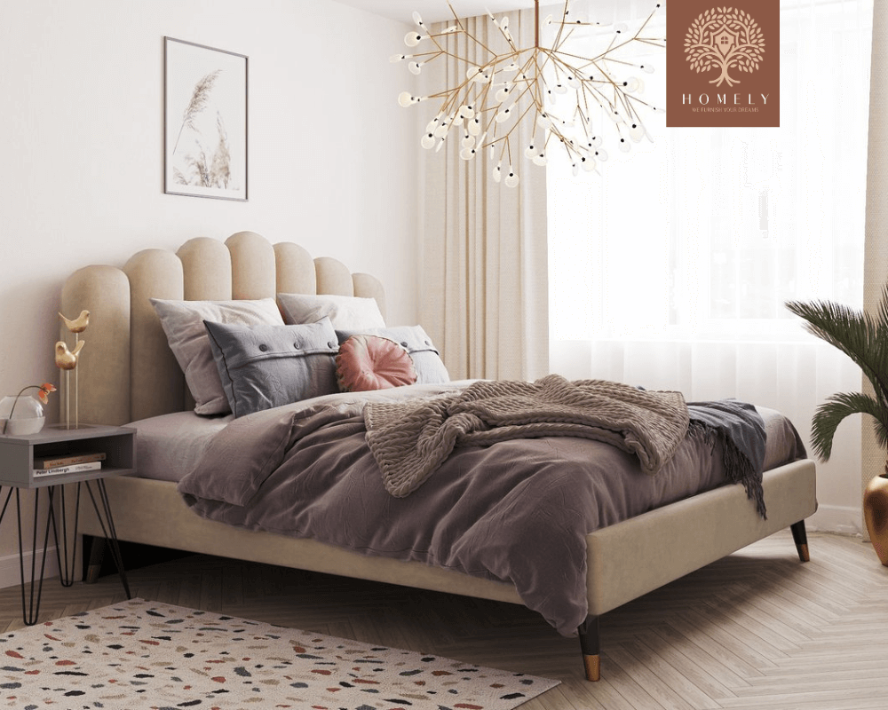 LIEL | LIT DOUBLE EN TISSU ANTI-TACHES CAPITONNÉ AVEC SOMMIER COFFRE