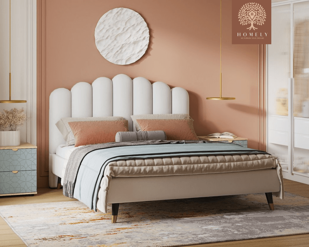 LIEL | LIT DOUBLE EN TISSU ANTI-TACHES CAPITONNÉ AVEC SOMMIER COFFRE