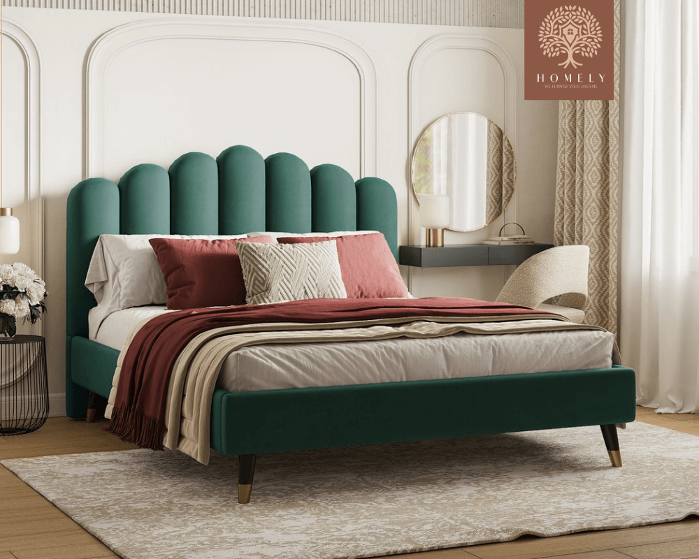 LIEL | LIT DOUBLE EN TISSU ANTI-TACHES CAPITONNÉ AVEC SOMMIER COFFRE