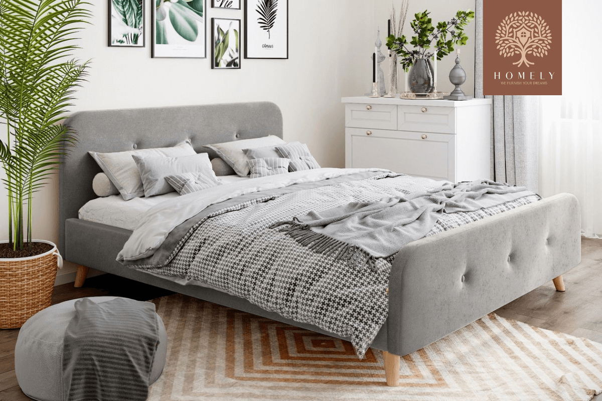 PLIDI | LIT DOUBLE EN TISSU ANTI-TACHES CAPITONNÉ AVEC SOMMIER COFFRE