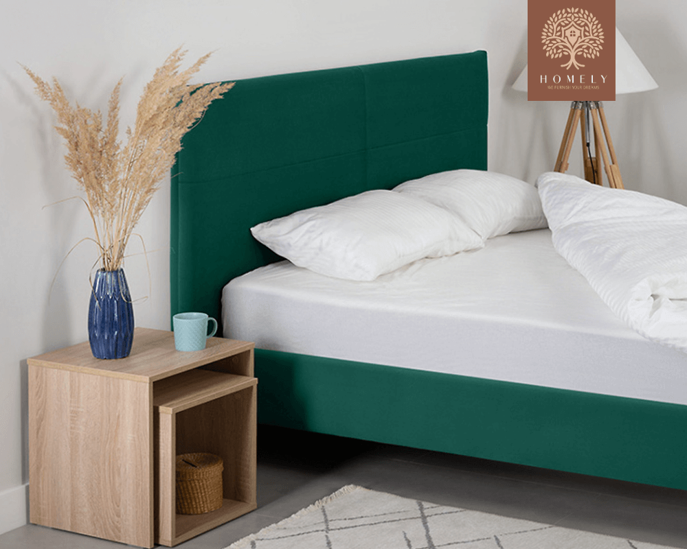 MAYTON | LIT DOUBLE EN TISSU ANTI-TACHES CAPITONNÉ AVEC SOMMIER COFFRE