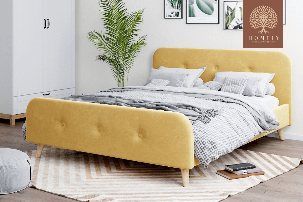 PLIDI | LIT DOUBLE EN TISSU ANTI-TACHES CAPITONNÉ AVEC SOMMIER COFFRE