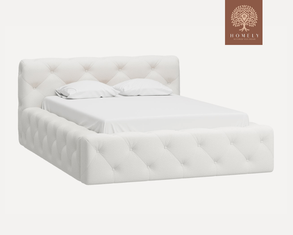 FIORI | LIT DOUBLE EN TISSU ANTI-TACHES CAPITONNÉ AVEC SOMMIER COFFRE