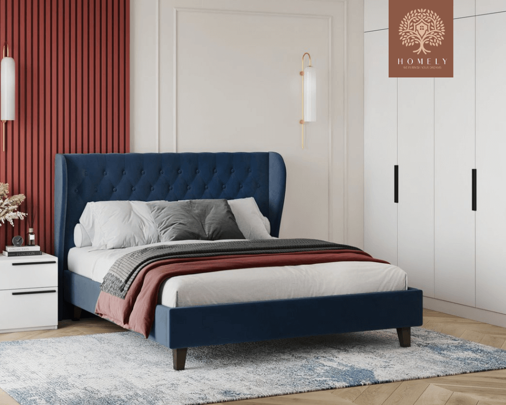 VIENNOIS | LIT DOUBLE EN TISSU ANTI-TACHES CAPITONNÉ AVEC SOMMIER COFFRE