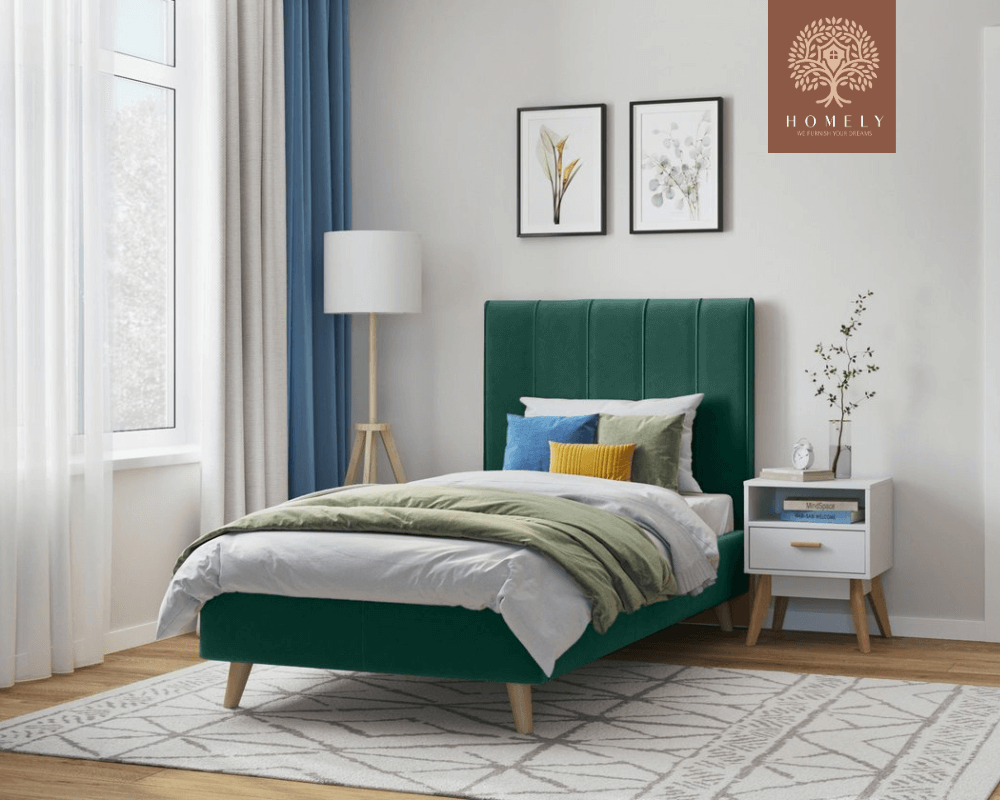 SHARON | LIT EN TISSU ANTI-TACHES CAPITONNÉ AVEC SOMMIER COFFRE