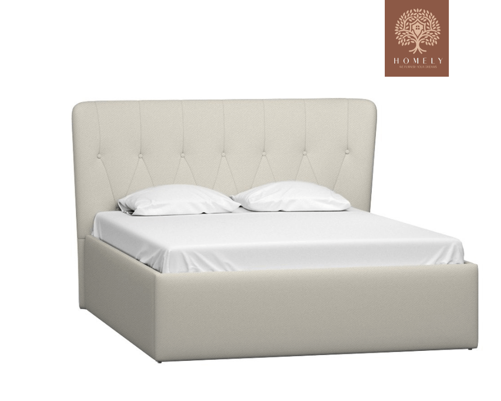 LORNE | LIT DOUBLE EN TISSU ANTI-TACHES CAPITONNÉ AVEC SOMMIER COFFRE