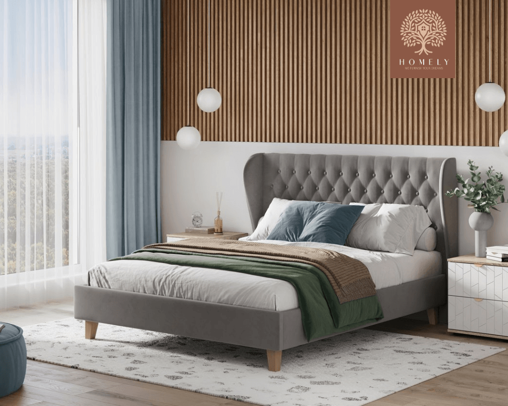 VIENNOIS | LIT DOUBLE EN TISSU ANTI-TACHES CAPITONNÉ AVEC SOMMIER COFFRE