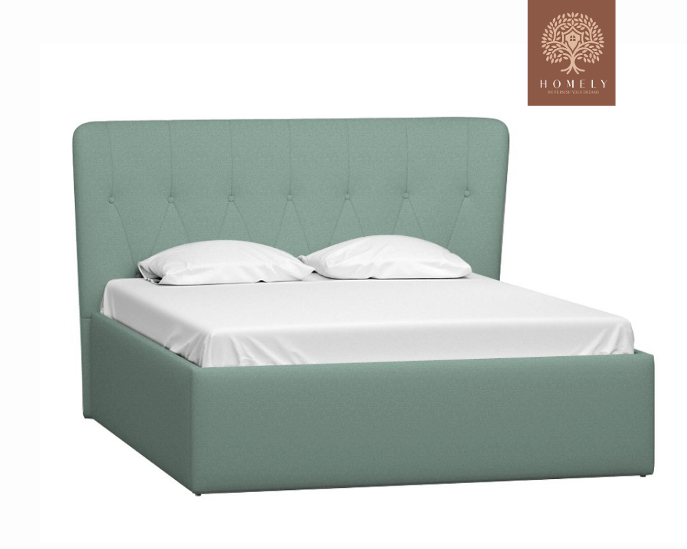 LORNE | LIT DOUBLE EN TISSU ANTI-TACHES CAPITONNÉ AVEC SOMMIER COFFRE