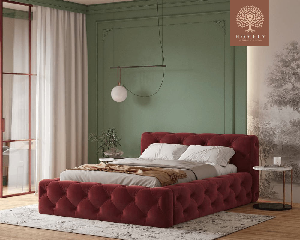 FIORI | LIT DOUBLE EN TISSU ANTI-TACHES CAPITONNÉ AVEC SOMMIER COFFRE