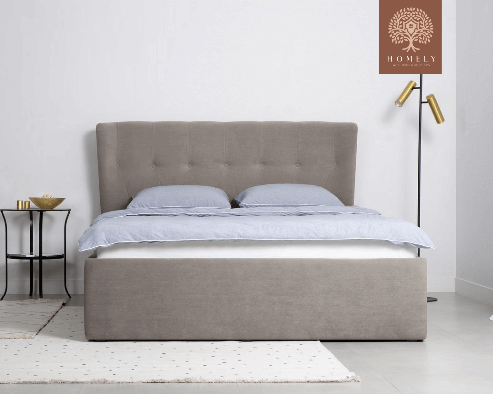 LORNE | LIT DOUBLE EN TISSU ANTI-TACHES CAPITONNÉ AVEC SOMMIER COFFRE