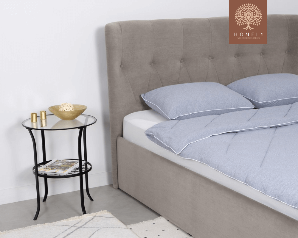 LORNE | LIT DOUBLE EN TISSU ANTI-TACHES CAPITONNÉ AVEC SOMMIER COFFRE