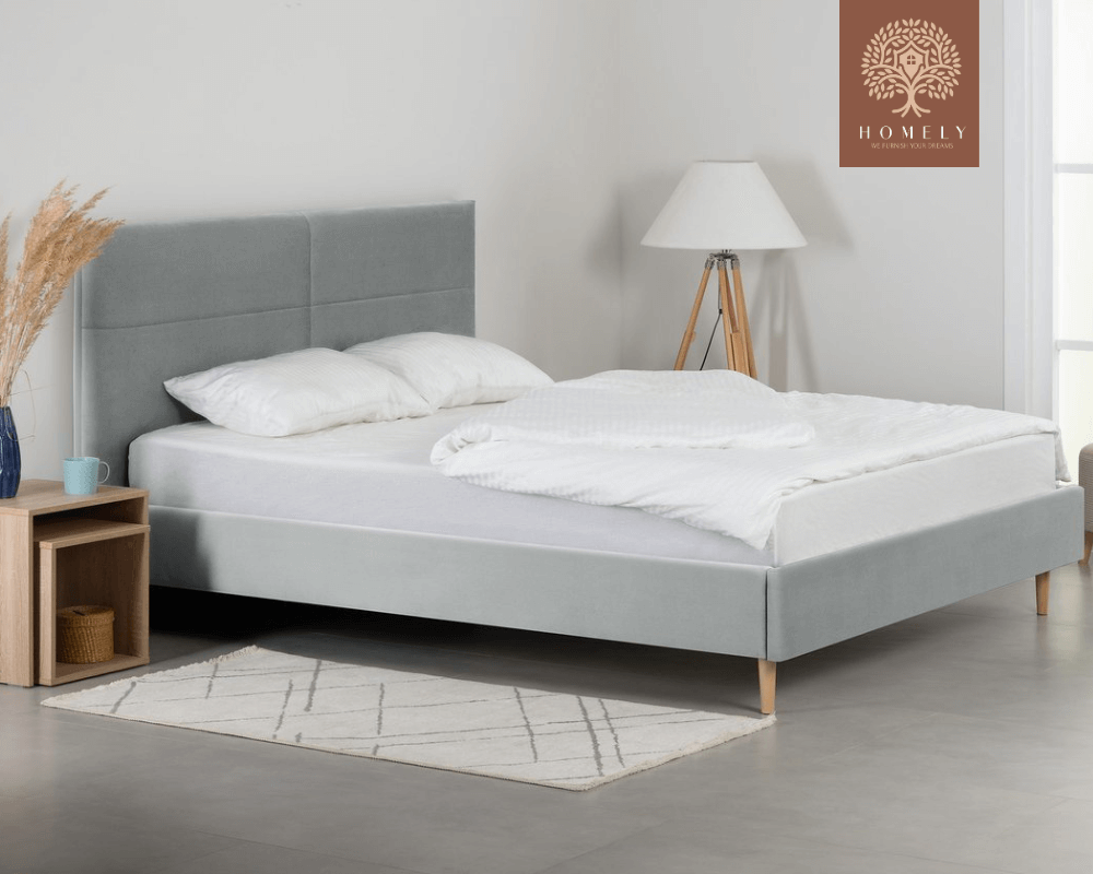 MAYTON | LIT DOUBLE EN TISSU ANTI-TACHES CAPITONNÉ AVEC SOMMIER COFFRE