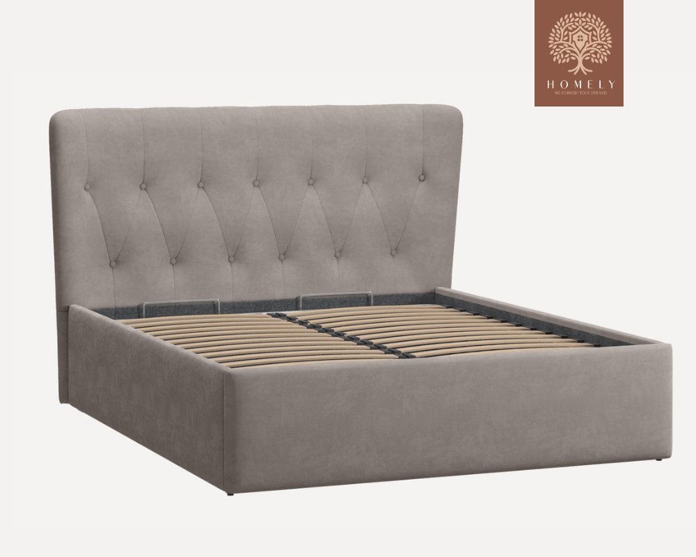 LORNE | LIT DOUBLE EN TISSU ANTI-TACHES CAPITONNÉ AVEC SOMMIER COFFRE