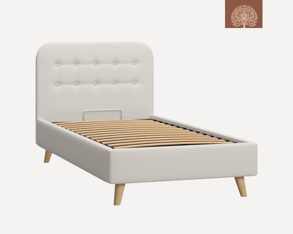 DOYENS | LIT EN TISSU ANTI-TACHES CAPITONNÉ AVEC SOMMIER COFFRE