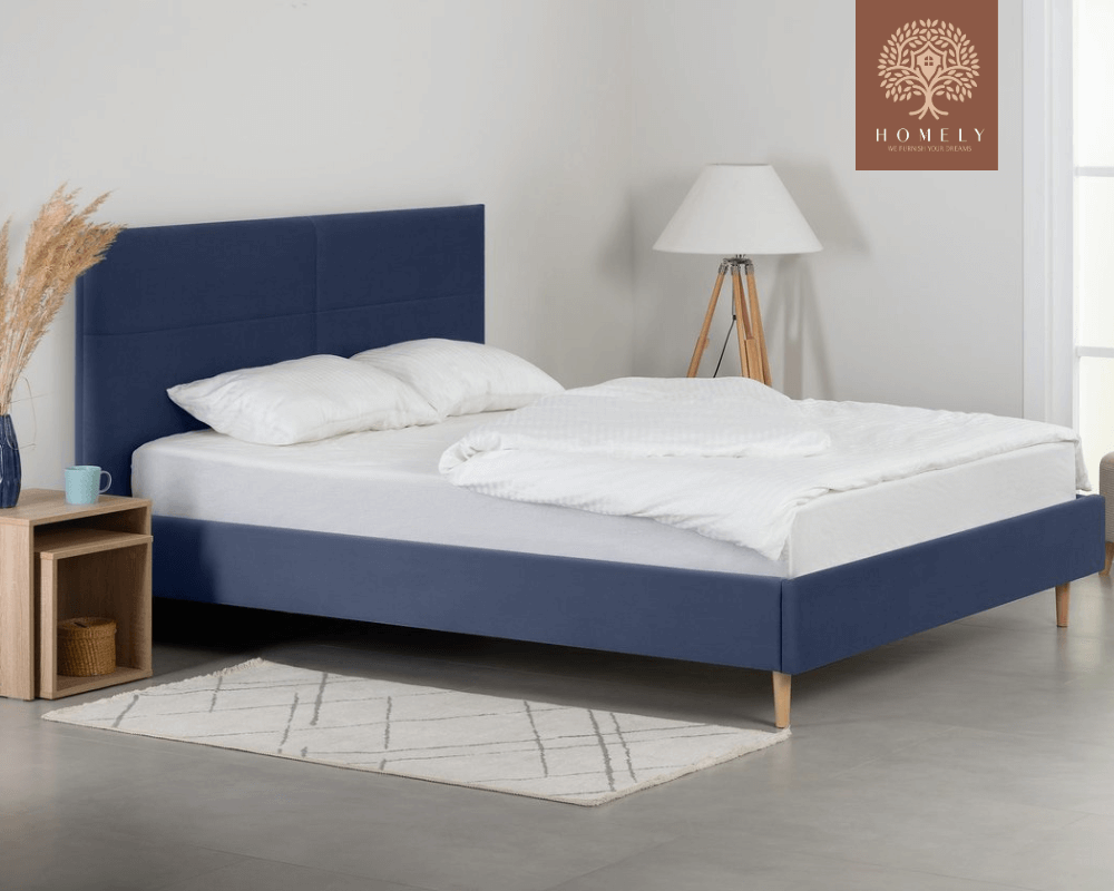 MAYTON | LIT DOUBLE EN TISSU ANTI-TACHES CAPITONNÉ AVEC SOMMIER COFFRE