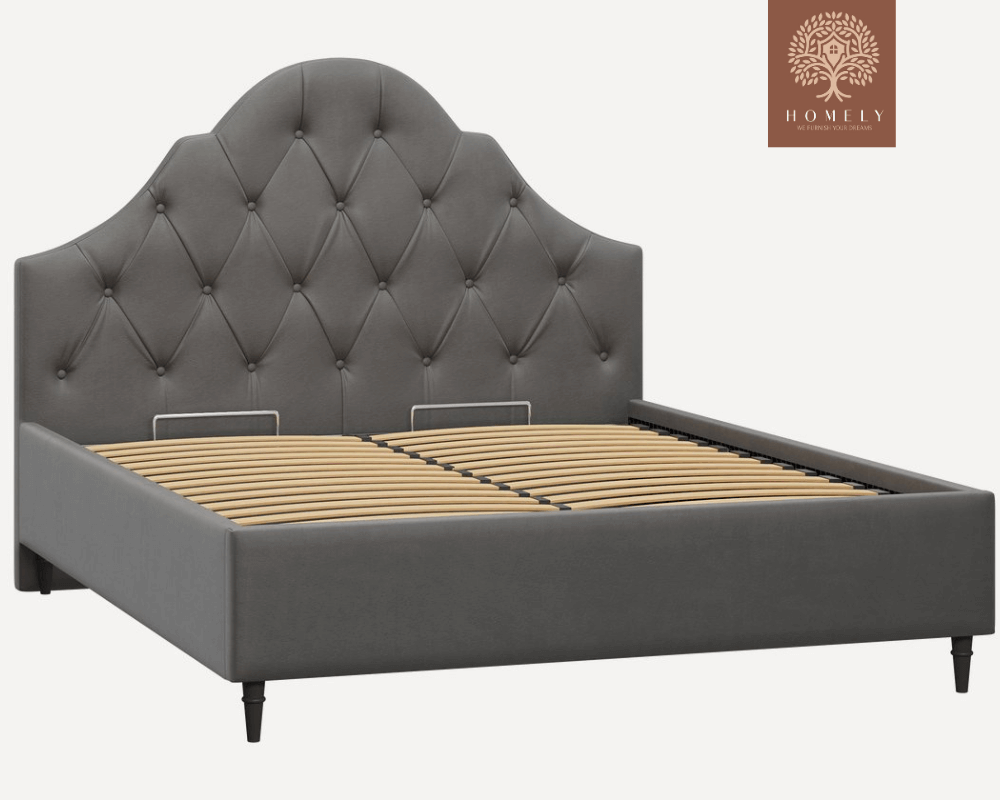 FLORENTIN | LIT DOUBLE EN TISSU ANTI-TACHES CAPITONNÉ AVEC SOMMIER COFFRE