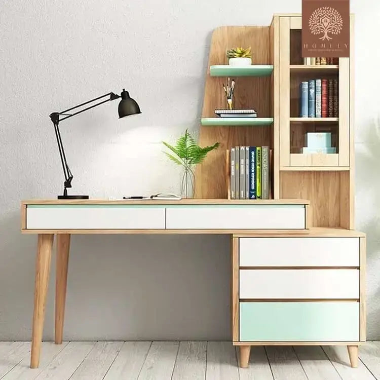 YURUPA | BUREAU MULTI RANGEMENTS AVEC ÉTAGÈRE ET 5 TIROIRS | GRAND PLATEAU - Homely