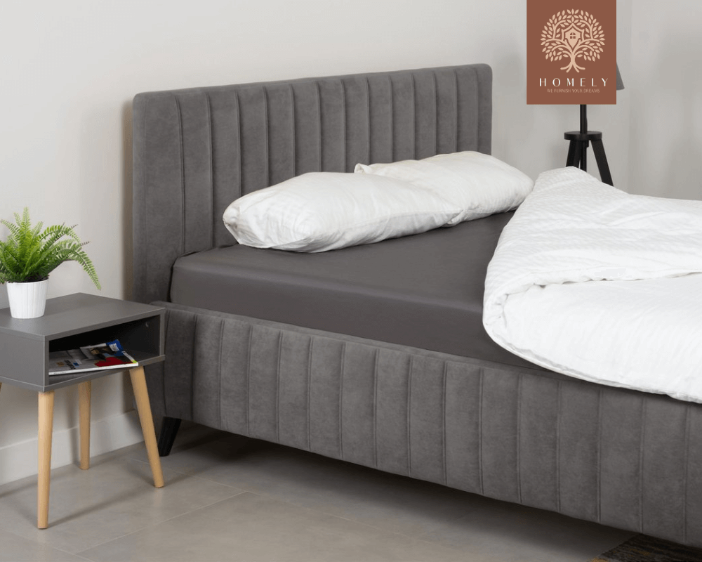 MARKFUL | LIT DOUBLE EN TISSU ANTI-TACHES CAPITONNÉ AVEC SOMMIER COFFRE