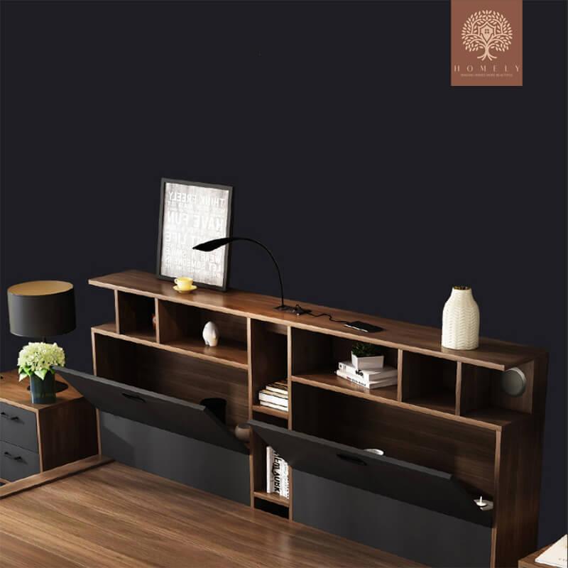 LIT CARDENIA-ENSEMBLE DE LIT AVEC DEUX TABLES DE NUITS- Homely