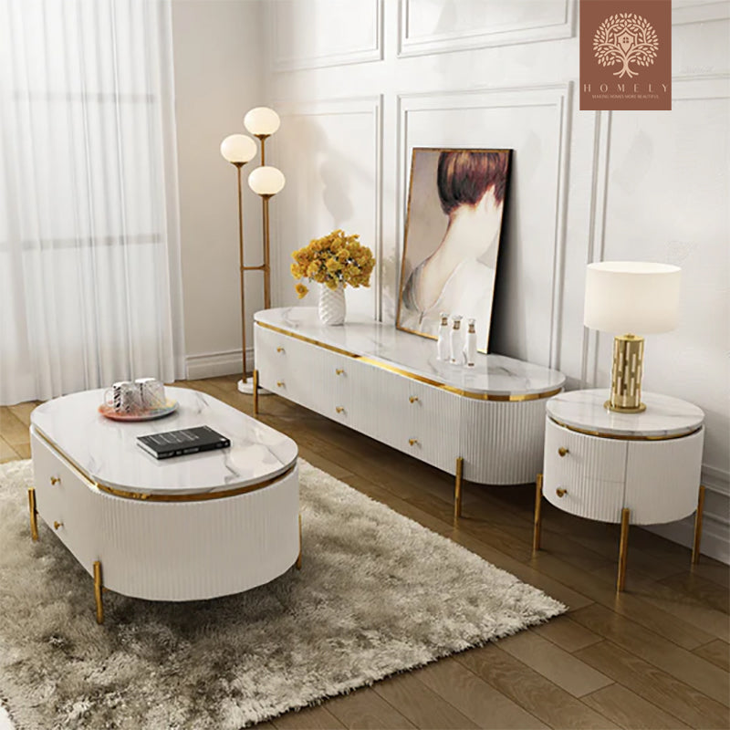 RIVA-ENSEMBLE DE MEUBLE TV CONSOLE MULTIMÉDIA LUXE ET TABLE BASSE AVEC 10 TIROIRS- Homely