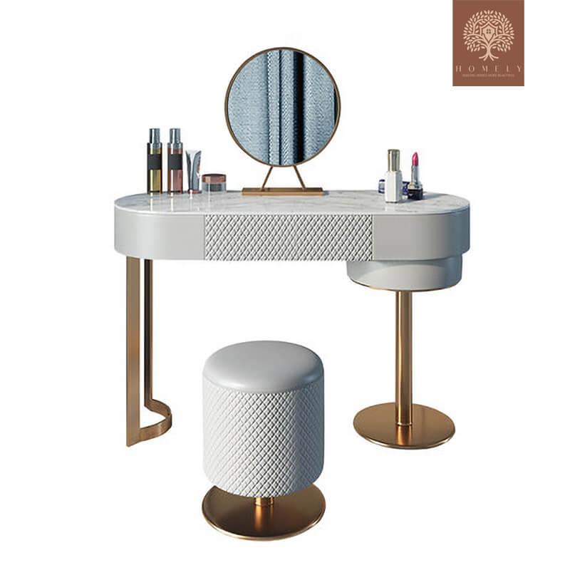 KAREEM-ENSEMBLE DE TOILETTE DE MAQUILLAGE MODERNE GRIS AVEC MIROIR À TIROIR ET TABOURET EN CUIR INCLUS- Homely