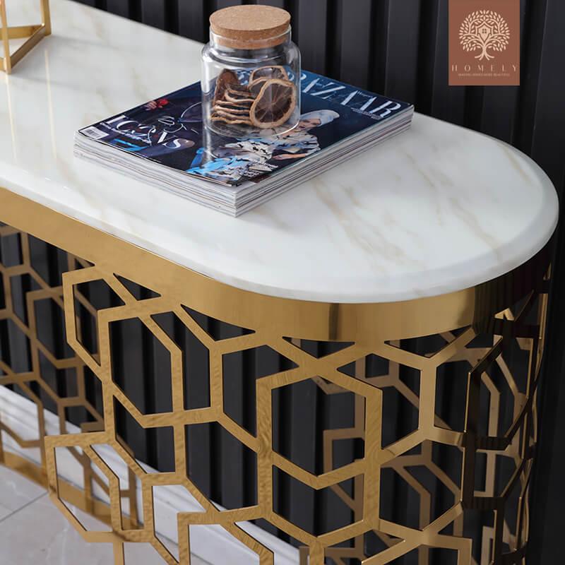 MAURICE-CONSOLE OVALE BLANCHE EN MARBRE AVEC DEUX PIÉDESTAUX- Homely