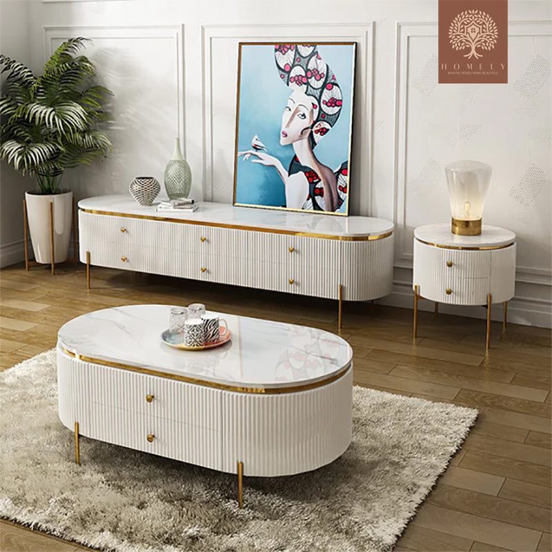 RIVA-ENSEMBLE DE MEUBLE TV CONSOLE MULTIMÉDIA LUXE ET TABLE BASSE AVEC 10 TIROIRS- Homely