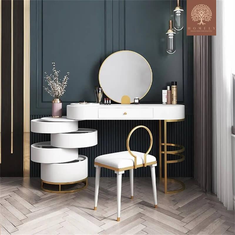 GRAVITY-COIFFEUSE BLANCHE DE MAQUILLAGE AVEC MIROIR ET TABOURET PIVOTANTS INCLUS- Homely