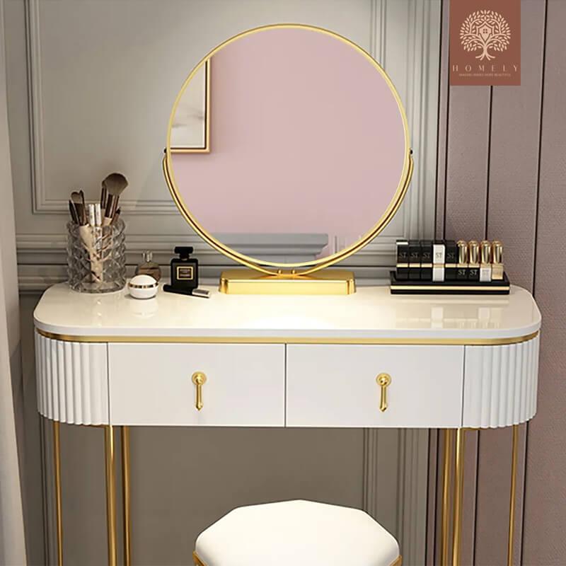 LAUX-VANITÉ DE MAQUILLAGE OVALE BLANC NORDIQUE BRILLANT AVEC 2 TIROIRS, MIROIR ROTATIF ET TABOURET- Homely