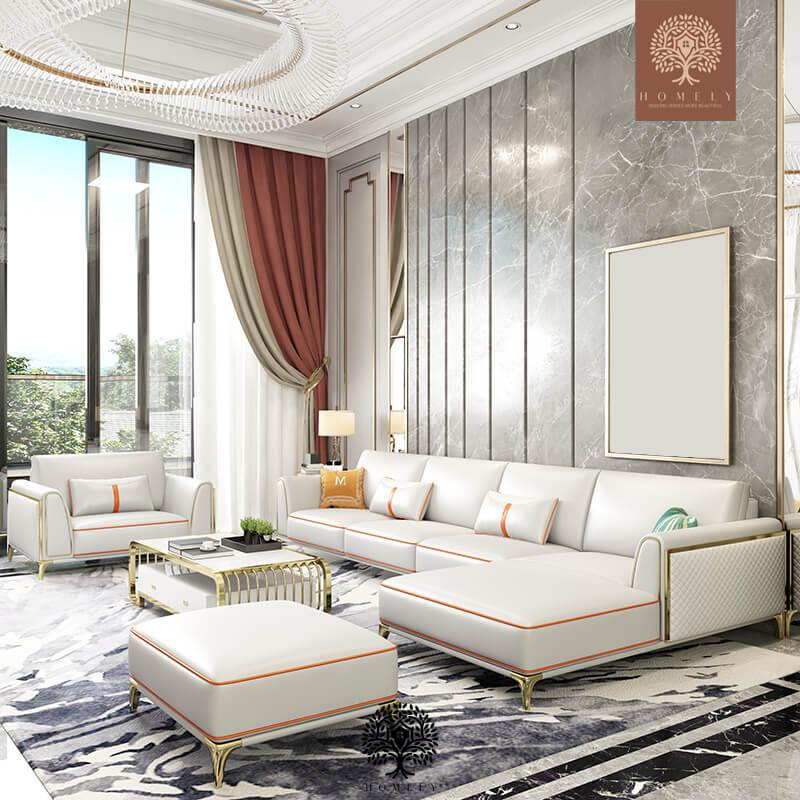 DRUSILLA ENSEMBLE DE SALON MODERNE 3 PIÈCES AVEC CHAISE LONGUE DROITE ET POUF - Homely