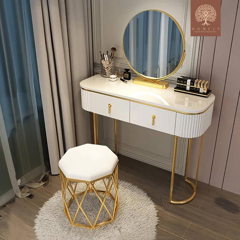 LAUX-VANITÉ DE MAQUILLAGE OVALE BLANC NORDIQUE BRILLANT AVEC 2 TIROIRS, MIROIR ROTATIF ET TABOURET- Homely